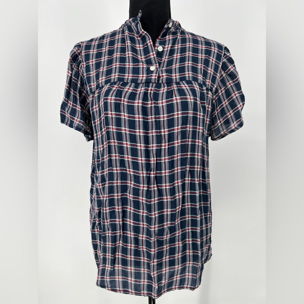 LOFT Navy Red and White‎ Plaid Blouse